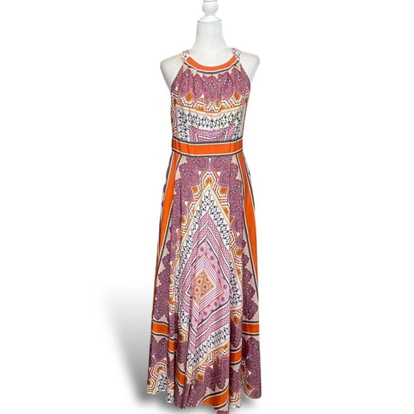 Chico's Women Boho Pink Orange Scarf Print Long Flowy Maxi Dress Sz 0 - Picture 6 of 13